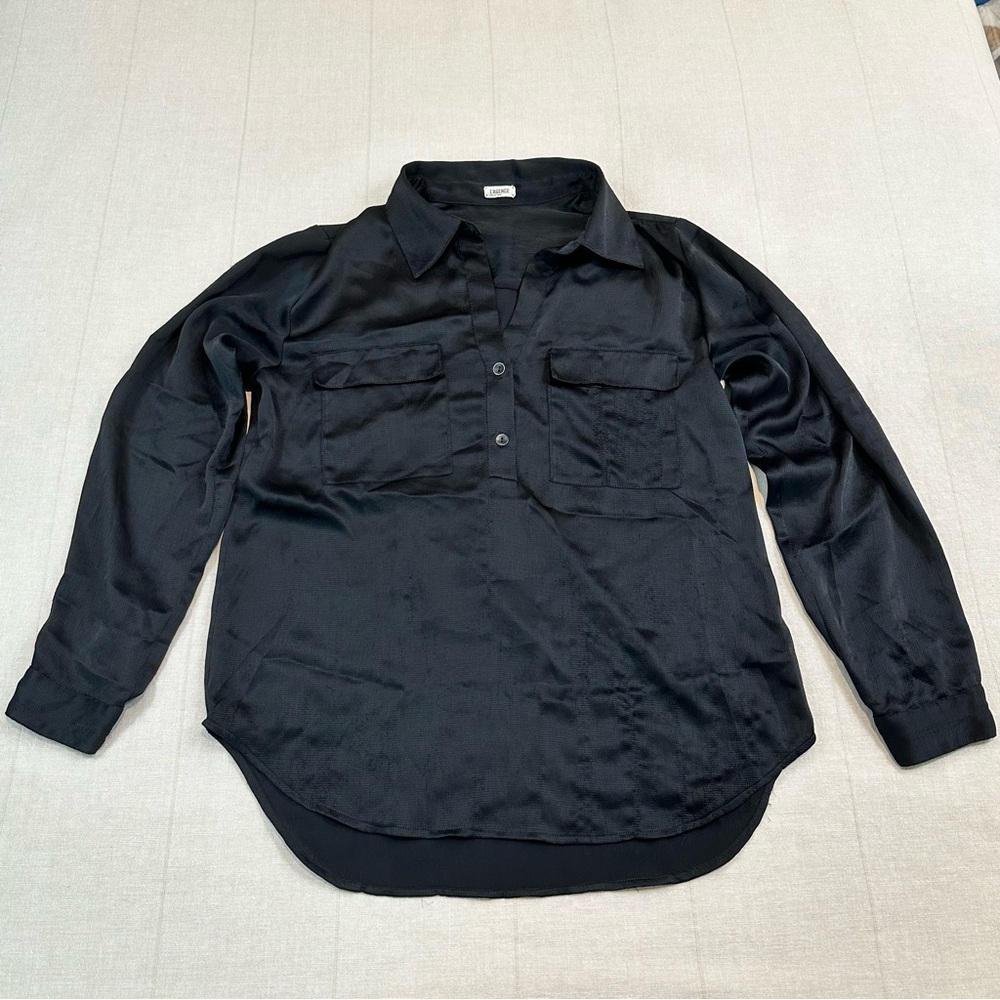 L'AGENCE Black Long Sleeve Textured Half Button Up Blouse